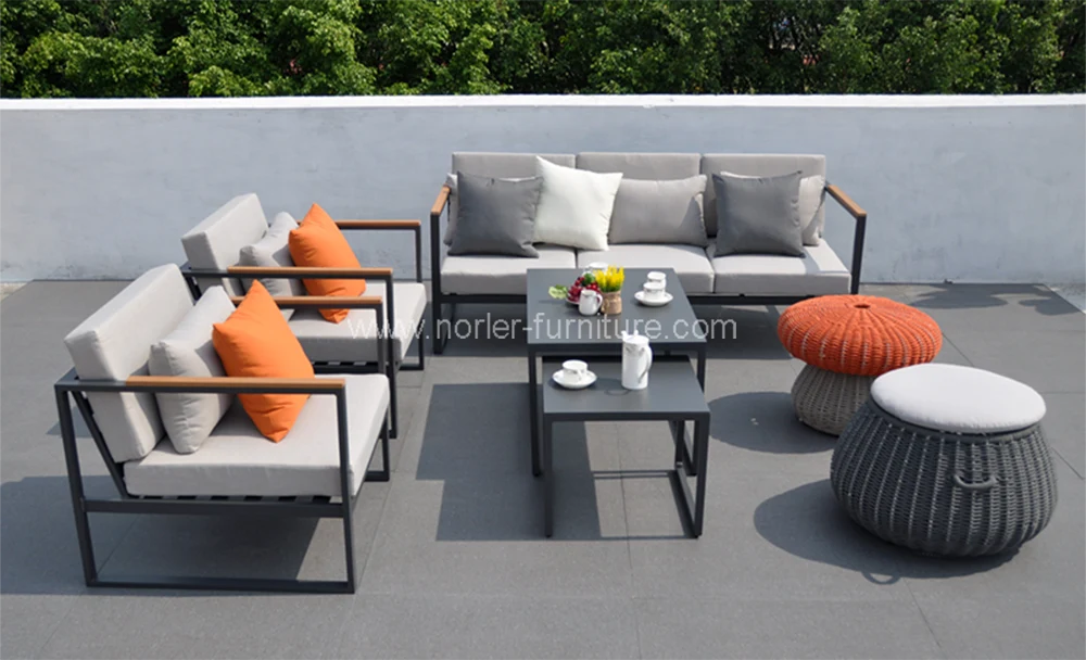 Outdoor Aluminum Frame Teak Wood Armrest Sectional Sofa