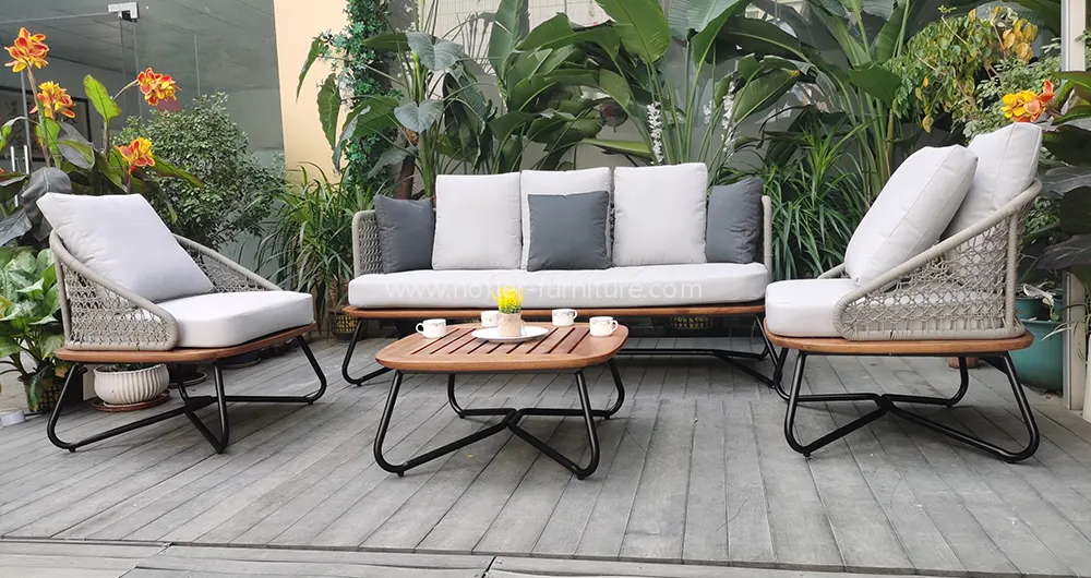 Modern Outdoor Aluminum Frame Teak Base Sofa Set