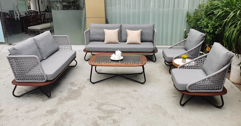 Modern Outdoor Aluminum Frame Teak Base Sofa Set