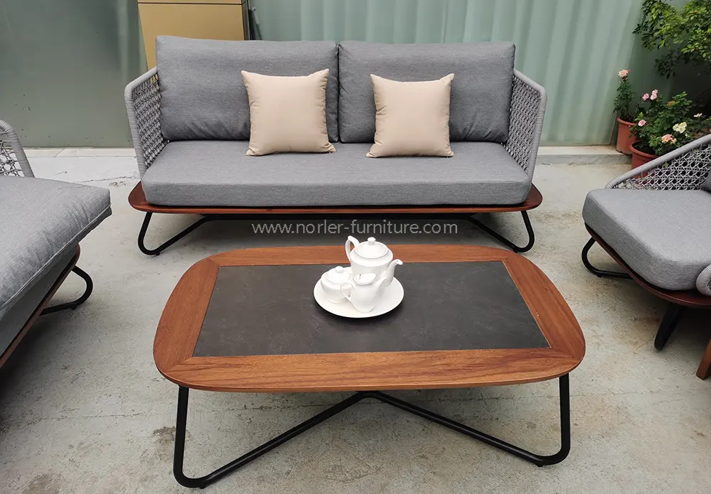 Modern Outdoor Aluminum Frame Teak Base Sofa Set