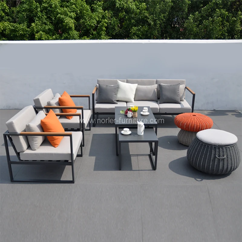 ပြင်ပလူမီနီယမ်ဘောင် Teak Woung Wood Armrest Sectional Sofa ပြင်ပလူမီနီယမ်ဘောင် Teak Woung Wood Armrest Sectional Sofa